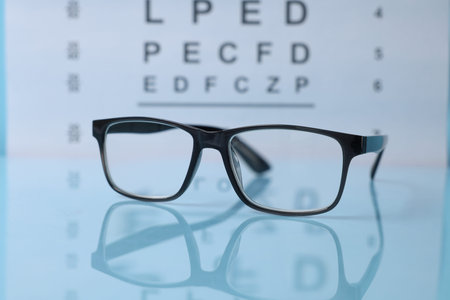 Glasses on light blue table against vision test chart, closeup