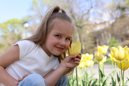Cute little girl near beautiful yellow tulips outdoorsの写真素材