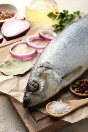 Salted herring and spices on light grey table, closeupの写真素材