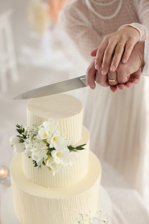 Married couple cutting wedding cake with knife at table indoors, closeupの写真素材