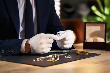 Appraiser working with luxury ring at table indoors, closeupの写真素材