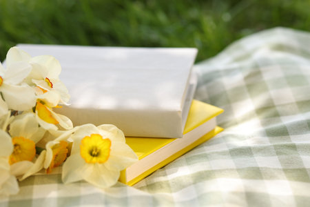 Stacked books, daffodil flowers and blanket on green grass outdoors, closeupの写真素材