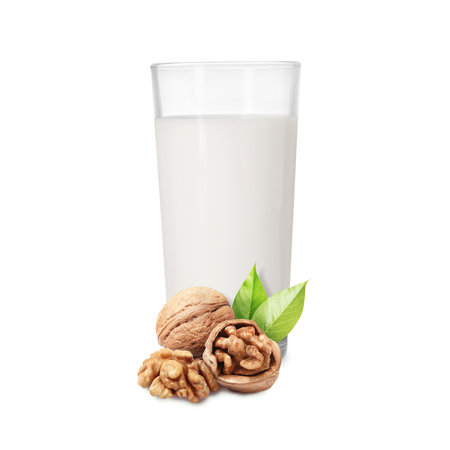 Nut milk in glass and walnuts isolated on whiteの写真素材