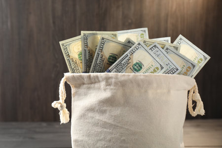 Money bag with dollar banknotes on table, closeup. Space for textの写真素材