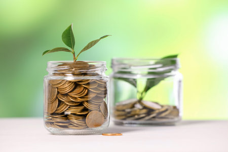 Investment concept. Glass jars with coins and sprouts on light table against blurred green...