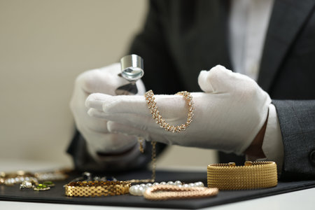 Appraiser evaluating luxury jewelry at table indoors, closeup