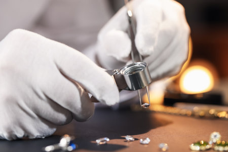 Appraiser with loupe evaluating gemstone at table indoors, closeupの写真素材