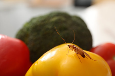 Cockroach crawling on bell pepper indoors, closeup