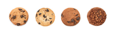 Yummy chocolate chip cookies isolated on white, setの写真素材