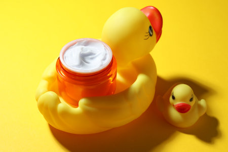 Jar of moisturizing body cream and rubber ducks on yellow background, closeupの写真素材