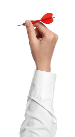 Targeting. Woman with dart on white background, closeupの写真素材