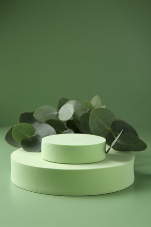 Beautiful eucalyptus branches on podium against green background. Space for textの写真素材