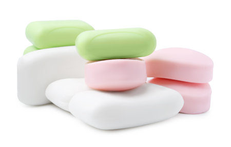 Many soap bars isolated on white. Personal hygieneの写真素材