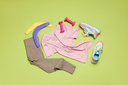 Sportswear, sneakers, dumbbells and boomerangs on green background, flat layの写真素材