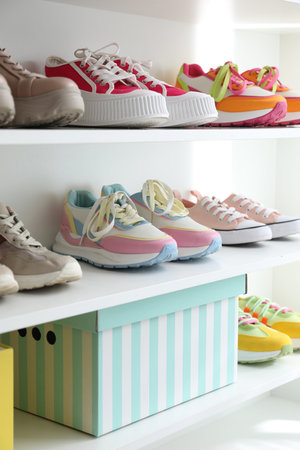 Different footwear on shelves indoors. Shoe storageの写真素材