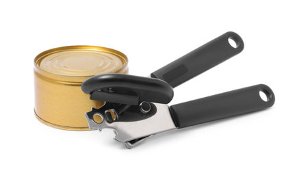 Can opener and tin isolated on whiteの写真素材