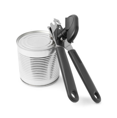 Can opener and tin isolated on whiteの写真素材