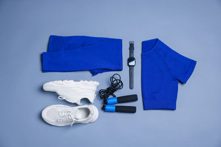 Sportswear, sneakers, skipping rope and wrist watch on grey background, flat layの写真素材