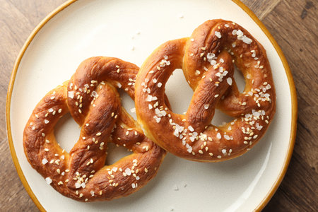 Tasty pretzels with salt on wooden table, top view