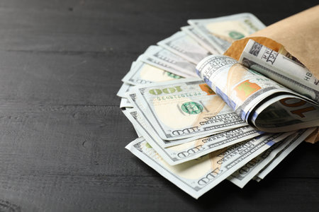 Paper money bag with dollar banknotes on grey wooden table, closeup. Space for text