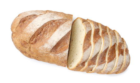 Cut loaf of bread isolated on white, top view