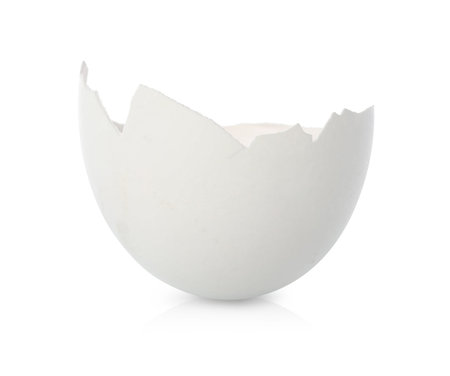 One piece of broken eggshell on mirror surface against white background