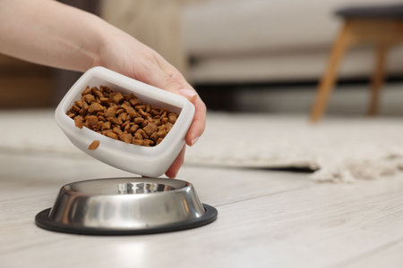 Woman putting dry pet food into bowl on floor at home, closeup. Space for textの写真素材