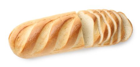 Cut loaf of bread isolated on white, top view