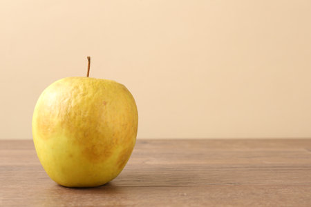One rotten apple on wooden table. Space for textの写真素材