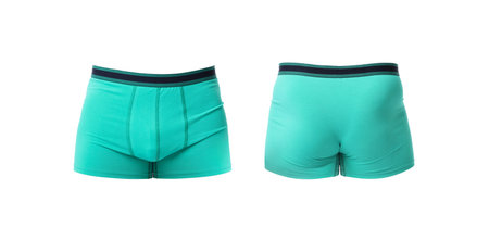 Turquoise menÊ¼s underwear isolated on white, collage. Back and front viewsの写真素材