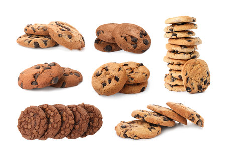 Yummy chocolate chip cookies isolated on white, collageの写真素材