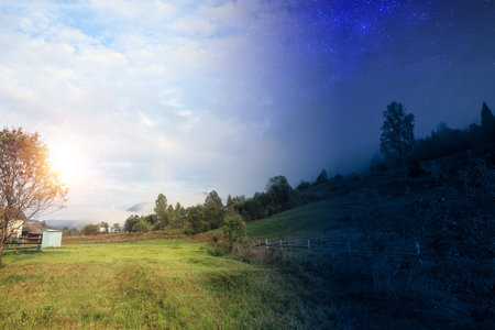 Mountain landscape with wooden fence and green trees by day and night. Combined design