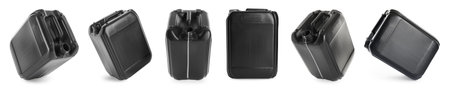 Plastic canister on white background, collage. View from different sides