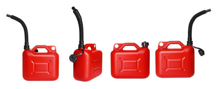 Red plastic canister on white background, collage. View from different sides