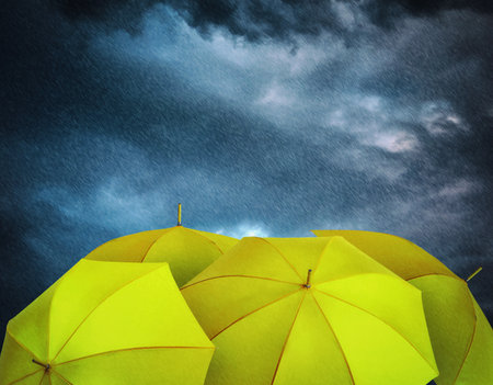 Yellow umbrellas under heavy rain. Stormy weatherの写真素材