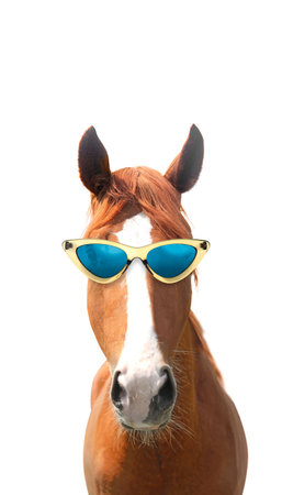 Cute horse with sunglasses against white backgroundの写真素材