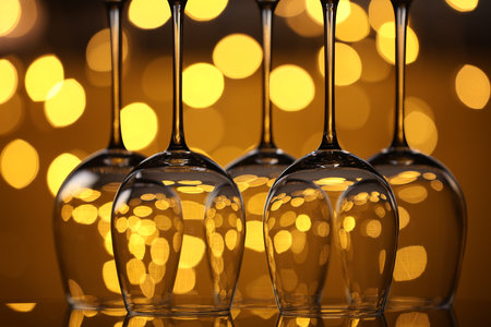 Many clean glasses on glass mirror surface against blurred lights, closeup. Bokeh effectの写真素材