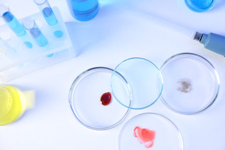 Petri dishes, flasks and test tubes with samples on white background, above view