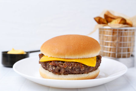 Cheeseburger with tasty patty on white table, closeupの写真素材