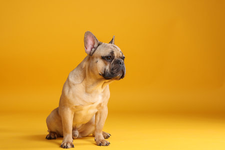 Adorable French bulldog dog sitting on yellow background. Space for textの写真素材