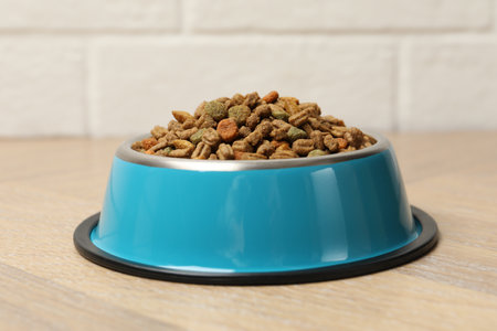 Dry pet food in feeding bowl on floor, closeupの写真素材