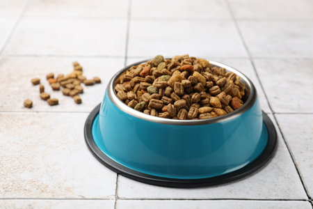 Dry pet food in feeding bowl on light tiled background, closeup