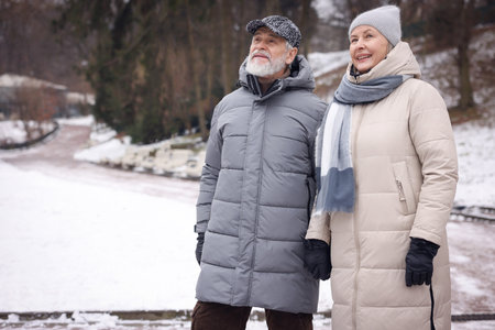 Happy senior couple walking in winter park. Space for text