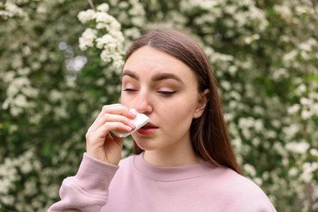 Woman with paper tissue suffering from seasonal pollen allergy near blossoming shrub on spring dayの写真素材