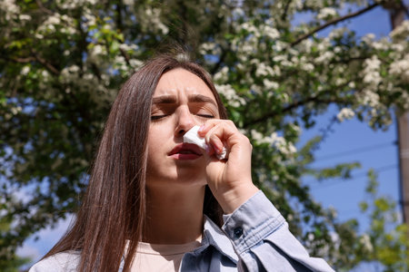 Woman with paper tissue suffering from seasonal pollen allergy near blossoming tree on spring day, low angle viewの写真素材