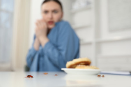 Shocked young woman looking at cockroaches and pretzels on white table indoors, selective focus. Pest problemの写真素材