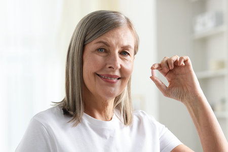 Smiling woman with collagen pill at homeの写真素材