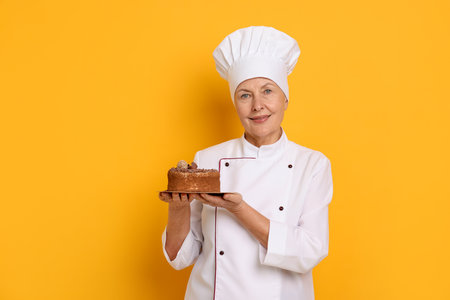 Professional pastry chef with cake on orange background. Space for textの写真素材