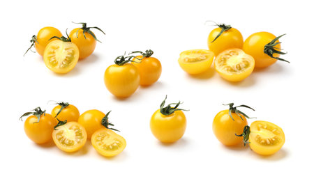 Fresh yellow cherry tomatoes on white background, collageの写真素材