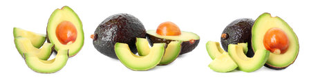 Fresh avocado fruits isolated on white, set